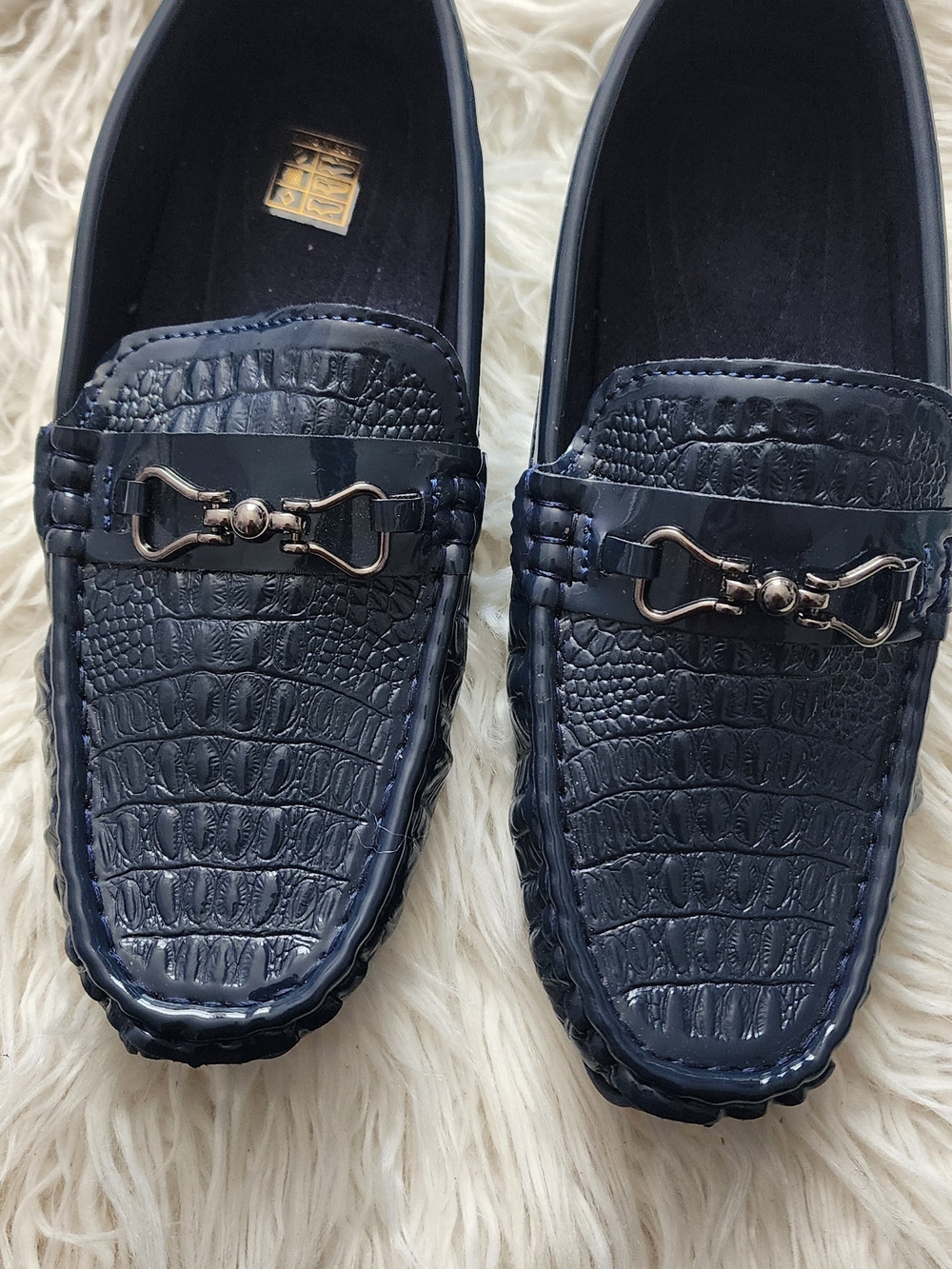 Kids Navy Croc-Embossed Slip-On Loafers with Metal Bit